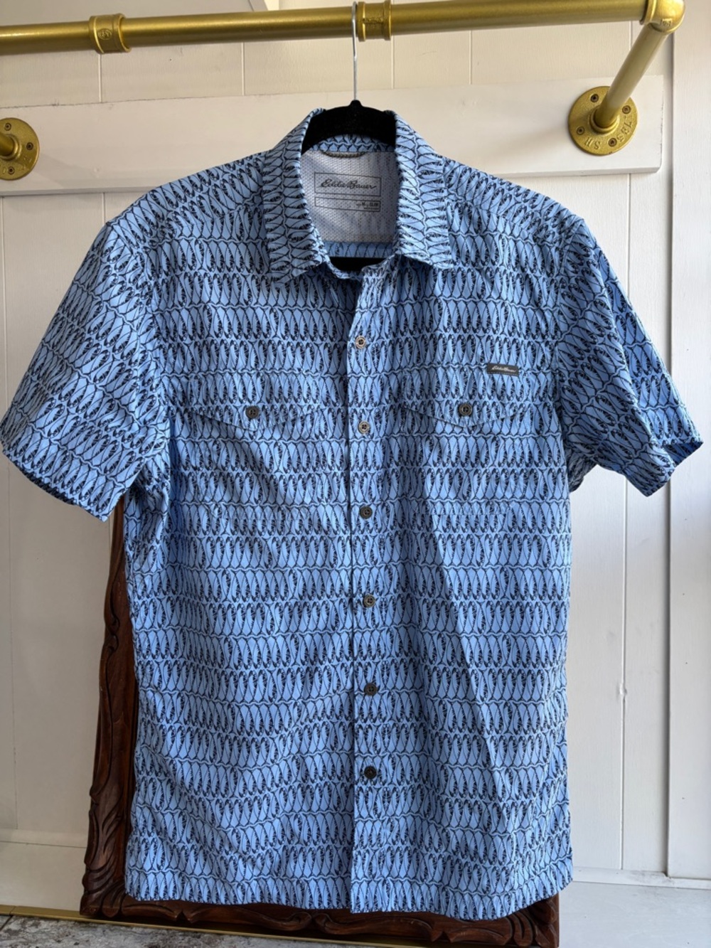 Fishing Shirt Blue Fish Print Vented Outdoors Camping Short Sleeve Performance